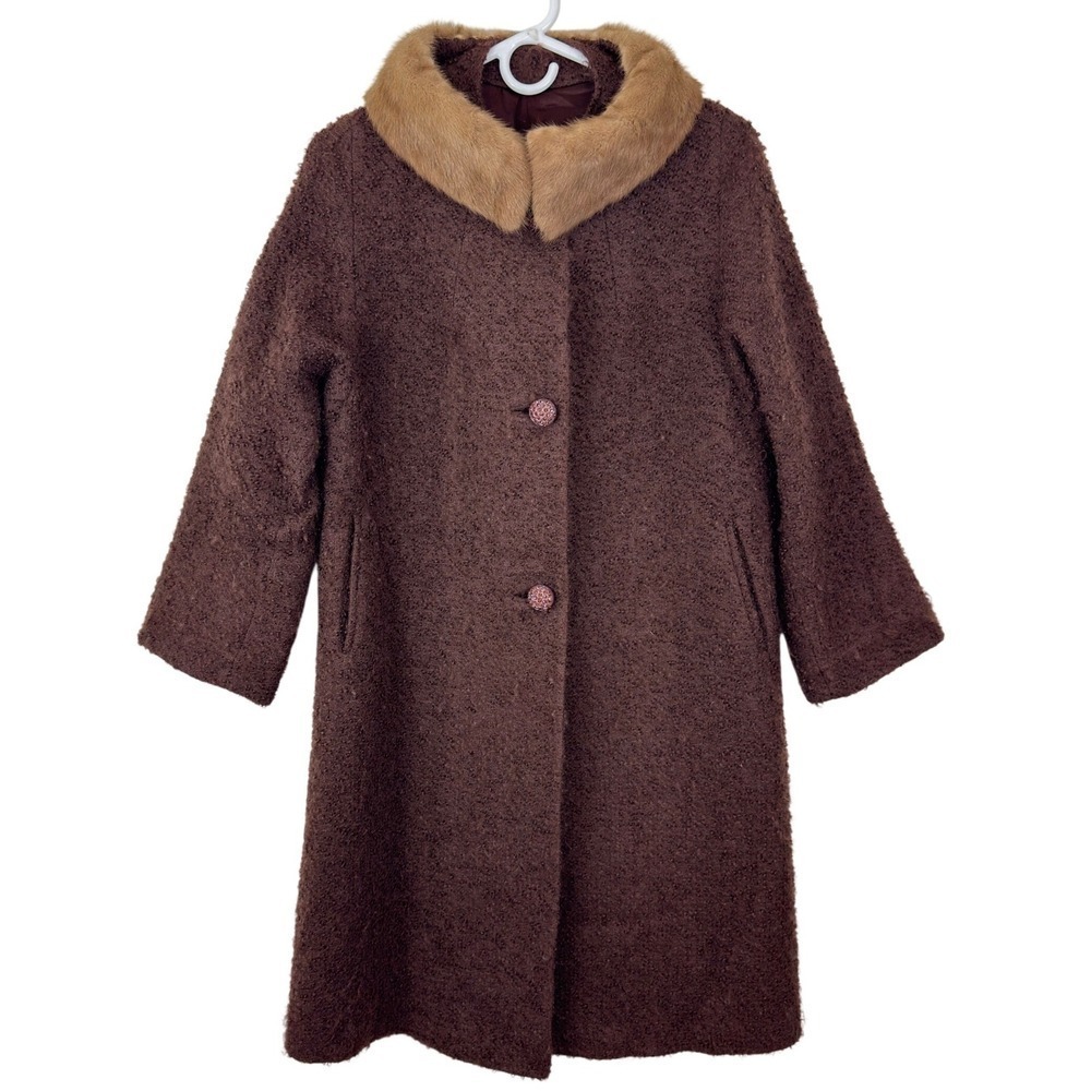 Vtg. 60s‎ Boucle Wool Swing Coat Fur Collar Jackie O Mod Dark Academia Old Money